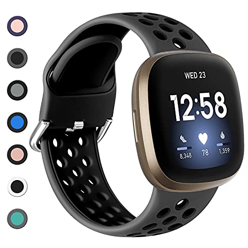 Dirrelo Strap Compatible with Fitbit Versa 3 Strap/Fitbit Sense Strap for Women Men, Soft Silicone Replacement, Sport Wristband with Breathable Holes for Fitbit Versa 3/Fitbit Sense, Large Coal/Black