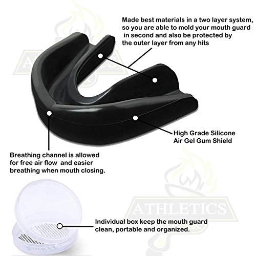 2-PCs Mouth Guard by Athletics Gear – Cost-effective High Grade Silicone Air Gel Gum Shield for kids, Men & Women (Black, Senior)