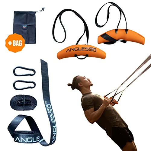 A90 Sling Trainer - smallest suspension trainer marketwide, 7 special functions incl. door pull-ups, barless dips, weightvest & more | Bodyweight Strength Trainer | including Angles90 Grips