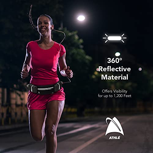 Athle Running Belt - 2 10oz Water Bottles, Large Fanny Pack Pocket Fits All Phones and Wallet, Bib Holders, Adjustable One Size Fits All Waist Band, Key Clip, 360° Reflective - Black Speed Sash