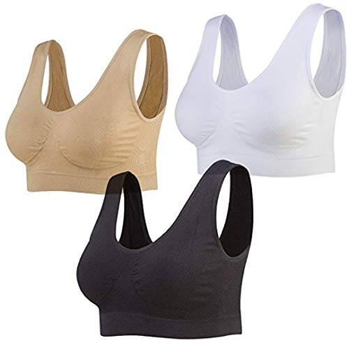 Boobbandit 3-Pack Seamless Sports Bra Wirefree Yoga Bra with Removable Pads for Women (Black, White, Nude, 14-16)