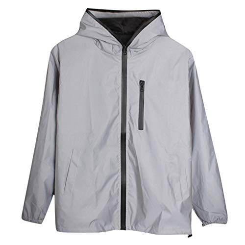 LUCKME Men Women Reflective Jacket Hooded Reflective Coat Windproof Fashion Outdoor Windbreaker Running Cycling Sweatshirt with Pocket Gray