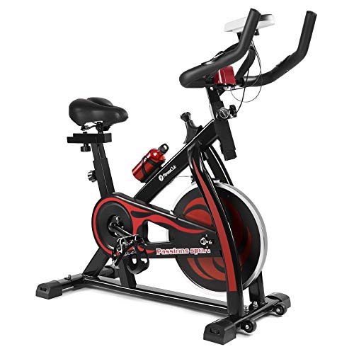 Fitnessclub Indoor Exercise Bike Cardio Workout W/Belt Driven Flywheel Cycling Adjustable Handlebars Seat Resistance Digital Monitor Heart Rate Sensors W/Phone Holder Bottle Red