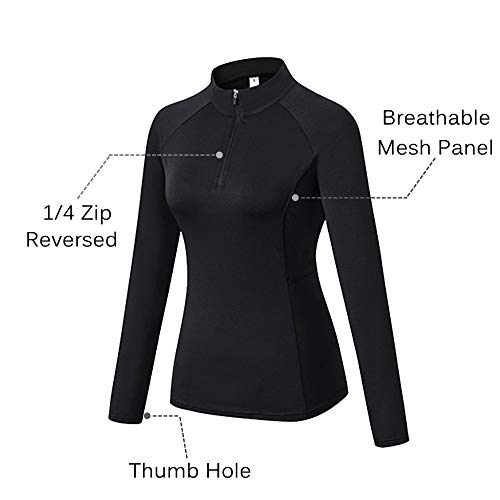 Minghe Womens Long Sleeve Workout Thumb Holes Yoga Pullover 1/4 Zip Running Jacket, Black, L