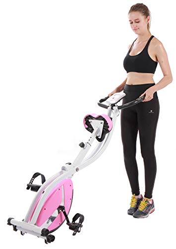YYFITT Basic Foldable Fitness Exercise Bike with 16 Level Resistance, Countdown Exercise Monitor, Phone/Tablet Holder and Hand Pulse for Home Use (Pink)