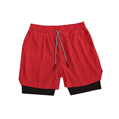 Men's 2-in-1 Running Shorts Lightweight Quick Dry Athletic Gym Workout Shorts with Towel Loop(Red M)