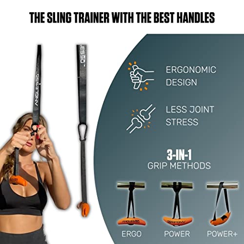 A90 Sling Trainer - smallest suspension trainer marketwide, 7 special functions incl. door pull-ups, barless dips, weightvest & more | Bodyweight Strength Trainer | including Angles90 Grips