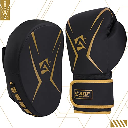 AQF Boxing Gloves and Pads - Adults & Kids Boxing Set for Kickboxing & MMA Muay Thai Punching Glove with Curved Boxing Pads for Martial Arts Training (Gold, 6oz)