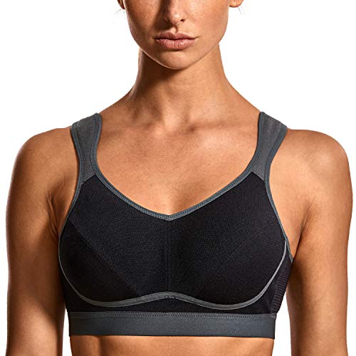 SYROKAN Women's Workout Gym Support Bounce Control Plus Size High Impact Sports Bra Wirefree Black/Grey-1 38DD