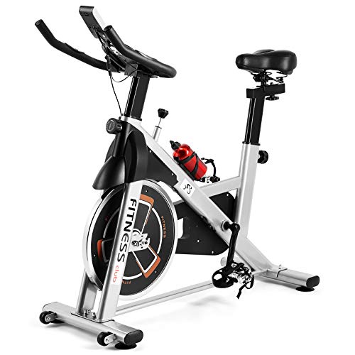 Indoor Exercise Bike Cardio Workout W/Belt Driven Flywheel Cycling Adjustable Handlebars Seat Resistance Digital Monitor Heart Rate Sensors W/Phone Holder Bottle Silver