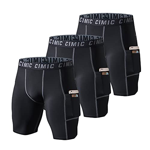 frueo 3 Pack Mens Compression Shorts Quick Dry Running Shorts for Men with Phone Pocket Activewear Shorts for Training Riding Gym(0409) 3Black-S