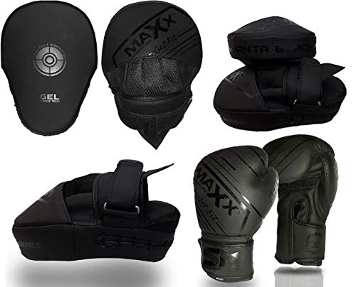 Maxx Vanta Curved Focus Pads with adjustable strap Boxing Punch pad Glove Mma Jabs (Full Black, With 10oz Glove)