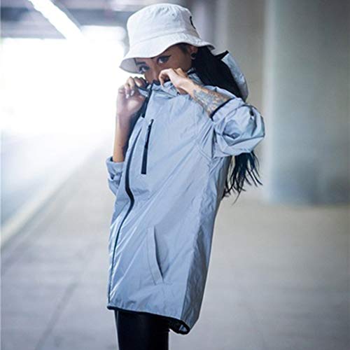 LUCKME Men Women Reflective Jacket Hooded Reflective Coat Windproof Fashion Outdoor Windbreaker Running Cycling Sweatshirt with Pocket Gray