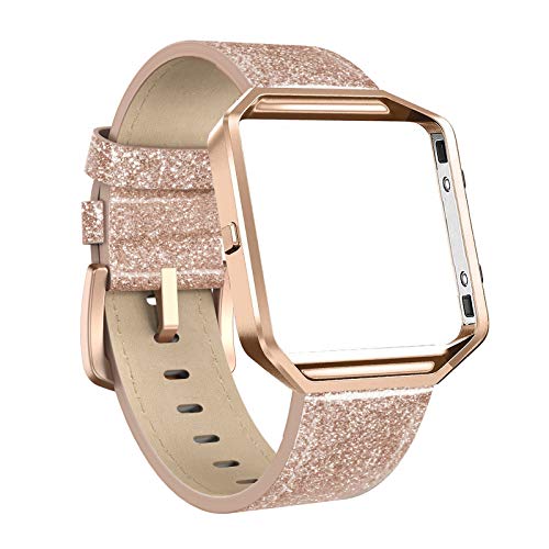 Cynmir Leather Strap Compatible with Fitbit Blaze Smart Watch, Genuine Leather Replacement Band with Metal Frame Small & Large for Women Men, Champagne Gold, Rose Gold, Grey, Beige, Rose Pink