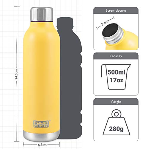 Polar Gear Insulated Water Bottle – Hydra Flow Triple Layer Stainless Steel & Copper Walled Vacuum Flask – Keep Drinks Hot for 12 Hours & Cold for 24 Hours – For Work, Travelling & Gym – Yellow, 500ml