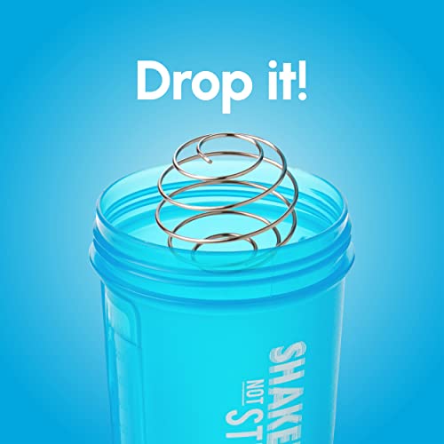 Shake That Weight 450ml Protein Shaker - Blue - With Storage Attachment For Protein and Diet Shake Powder, Wire Ball Mixer, Bag Attachment Loop