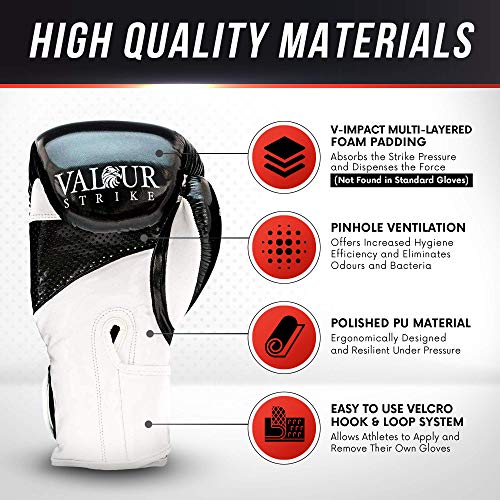 Valour Strike Boxing Gloves for Men Women Ladies Juniors & Kids | Set Ounce 16oz 14oz 12oz 10oz 8oz 6oz or 4oz For Pro Sparring Kickboxing MMA Muay Thai or Boxercise Training Workout | Black Paw™