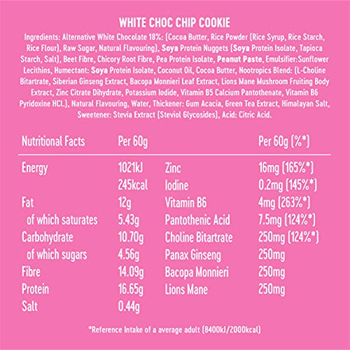 XITE Protein Bars - Vegan Nootropic Healthy Snacks for Adults - Lions Mane, Zinc, Choline & Bacopa Monnieri for Energy, Recovery & Brain Focus - Gluten Free White Chocolate Chip Cookie, Pack of 12