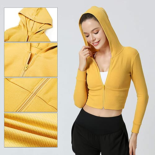 FEOYA Women's Sport Jacket Slim Fit Sportswear Long Sleeve Seamless Top Full Zip Running Fitness Workout Activewear Yellow - Size XL