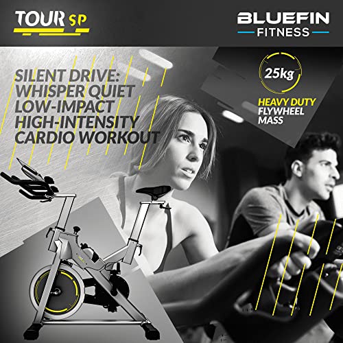 Bluefin Fitness TOUR SP Bike | Home Gym Equipment | Exercise Bike Machine | Kinomap | Live Video Streaming | Video Coaching & Training | Bluetooth | Smartphone App | Black & Grey Silver