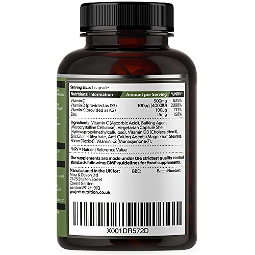 Ultimate Immune and Joints Support Complex - Vitamin D 4000IU + Vitamin C 500mg + K2 MK-7 100mcg and Zinc 15mg