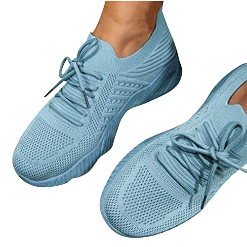 Womens Walking Shoes UK,Ladies Fashion Slip-on Summer Trainers Breathable Mesh Sneaker,Comfortable Wedge Platform Shoes Super Soft Tennis Outdoor Shoes UK Size 3-7 Light Blue