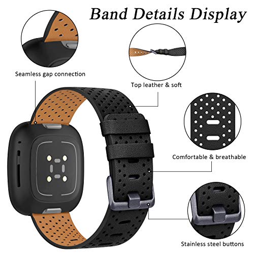 Strap Compatible with Fitbit Versa 3 / Fitbit Sense Strap Leather, Genuine Leather Replacement bands Compatible with Versa 3, Women Man (Small, Black)