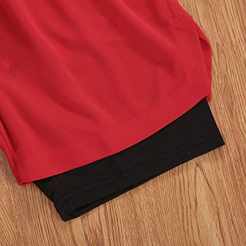 Men's 2-in-1 Running Shorts Lightweight Quick Dry Athletic Gym Workout Shorts with Towel Loop(Red M)