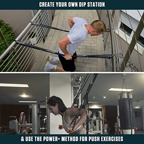 A90 Sling Trainer - smallest suspension trainer marketwide, 7 special functions incl. door pull-ups, barless dips, weightvest & more | Bodyweight Strength Trainer | including Angles90 Grips