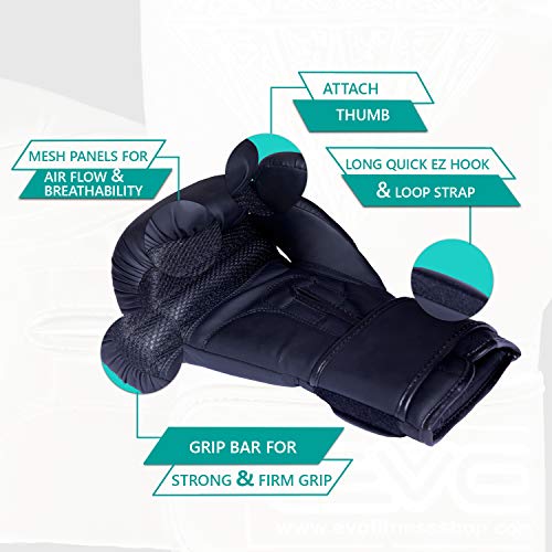 EVO Maya Hide Leather Pro GEL Boxing Gloves For MMA Punch Bag Sparring Muay Thai KickBoxing Fighting Training Glove with FREE Boxing Hand Wraps (Black Diamond Matt, 16 OZ)