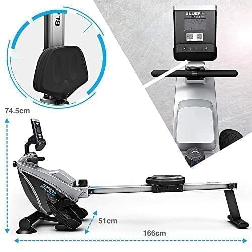 Bluefin Fitness BLADE Home Gym Foldable Rowing Machine | Magnetic Resistance Rower | 8 x Tension Levels | Smooth Belt Drive | LCD Digital Fitness Console | Smartphone App | Black & Grey Silver