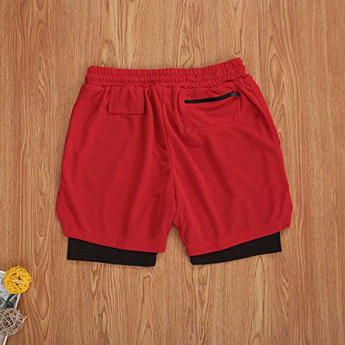 Men's 2-in-1 Running Shorts Lightweight Quick Dry Athletic Gym Workout Shorts with Towel Loop(Red M)