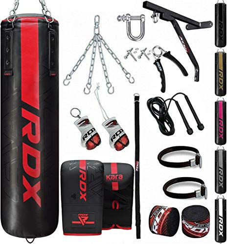 RDX 17PC Punch Bag 5ft 4ft Heavy Filled Set, Non Tear Maya Hide Leather Adult Bag with Wall Bracket Punching Gloves Chain, KARA Patent Pending, Kickboxing Boxing MMA Muay Thai Karate Training Workout
