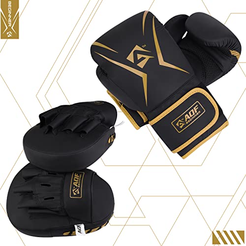 AQF Boxing Gloves and Pads - Adults & Kids Boxing Set for Kickboxing & MMA Muay Thai Punching Glove with Curved Boxing Pads for Martial Arts Training (Gold, 6oz)