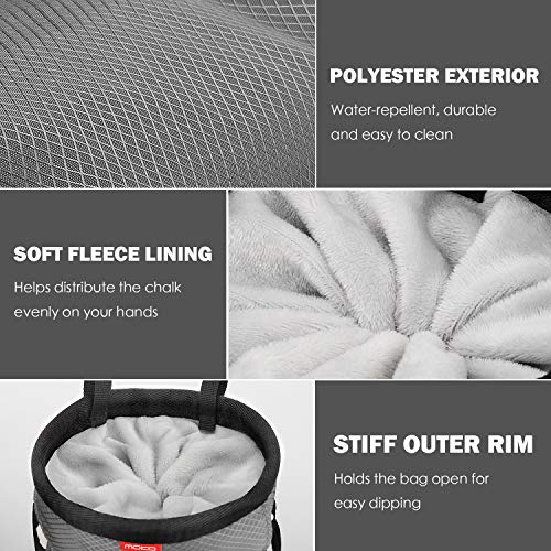 MoKo Chalk Bag, Drawstring Rock Climbing Chalk Bag Bouldering Chalk Bag Bucket with Adjustable Belt & Zippered Pockets and Carabiner for Rock Climbing Weight Lifting Gymnastics Crossfit - Gray