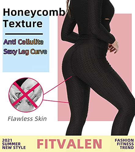 FitValen Women's Honeycomb Scrunch Butt Leggings with Pockets Ruched Bum Anti Cellulite Yoga Pants Textured Compression Sexy TIK Tok Running Tights for Workout Fitness Daily Leisure （Black,S