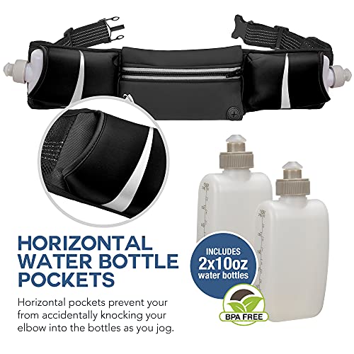 Athle Running Belt - 2 10oz Water Bottles, Large Fanny Pack Pocket Fits All Phones and Wallet, Bib Holders, Adjustable One Size Fits All Waist Band, Key Clip, 360° Reflective - Black Speed Sash