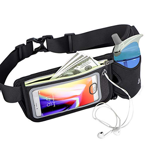 Accering Running Belt Waist Bag Fanny Pack for Men & Women with Water Bottle Holder, Hold iPhone 8 Plus Screen Size 6.5 Inch Workout Belt Sport Waist Pack for Hiking Cycling Gym (Black) - Gym Store | Gym Equipment | Home Gym Equipment | Gym Clothing
