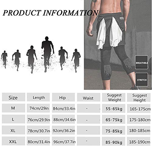 Fansu Men's Sport Shorts with Built-in Pocket, Tight Long Liner 2 in 1 Summer Quick Dry Breathable Lightweight Shorts Jogging Cycling Training Running Gym Pants (M,White)