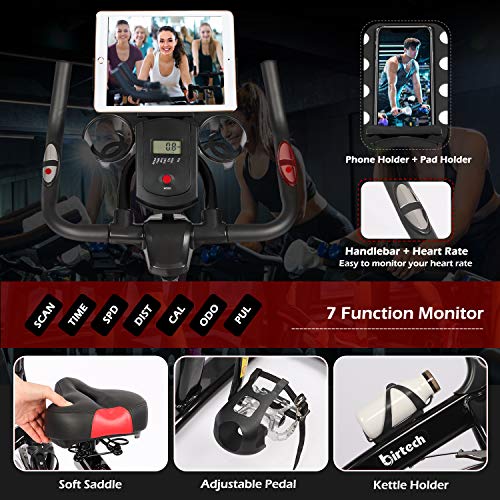 Birtech Exercise Bike Indoor Cycling Fitness Bike Spinning Bike for Home Training Belt Driven 8KG Flywheel with Infinite Resistance, Heart Rate Monitor, Adjustable Handlebars & Seat, LCD Display