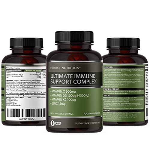 Ultimate Immune and Joints Support Complex - Vitamin D 4000IU + Vitamin C 500mg + K2 MK-7 100mcg and Zinc 15mg