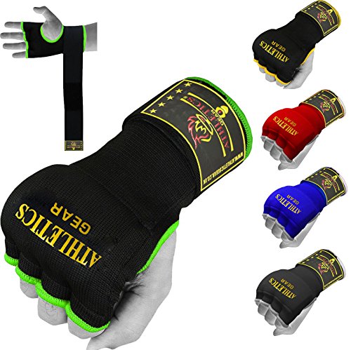 Pro Training Boxing Hand Wraps Inner Gloves by Athletics Gear| Half Finger Elastic Bandages Mitts MMA Punching Fist Protector (Black/Green, Small)