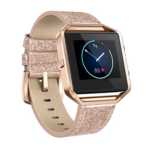 Cynmir Leather Strap Compatible with Fitbit Blaze Smart Watch, Genuine Leather Replacement Band with Metal Frame Small & Large for Women Men, Champagne Gold, Rose Gold, Grey, Beige, Rose Pink