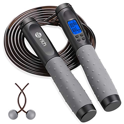 Te-Rich Skipping Rope Adult Fitness, Digital Speed Jump Rope with Counter [Ropeless for Indoor Use] for Women Men and Kids, Weighted Handles, Adjustable Rope, Exercise Equipment for Crossfit Boxing