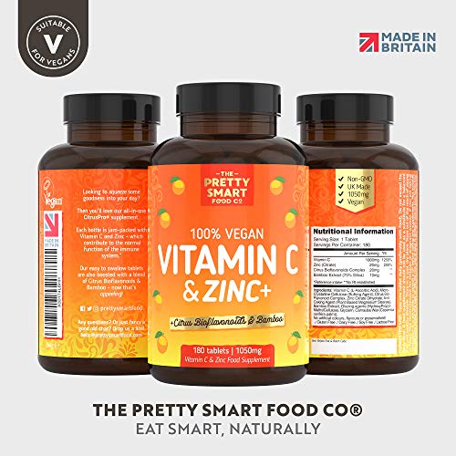 Powerful Vitamin C and Zinc Tablets - Vitamin C 1000mg with Zinc - 6 Month's Supply - Boosted with Citrus Bioflavonoids & Bamboo - For The Maintenance of a Normal Immune System - 180 Tablets - UK Made