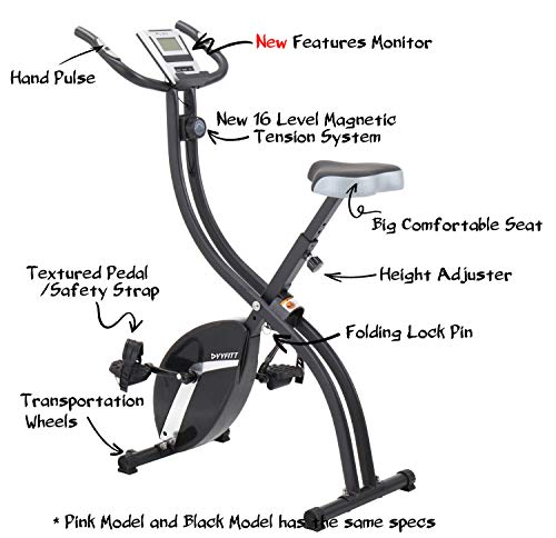 YYFITT Basic Foldable Fitness Exercise Bike with 16 Level Resistance, Countdown Exercise Monitor, Phone/Tablet Holder and Hand Pulse for Home Use (Pink)