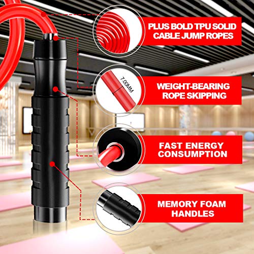 Heavy Weighted Skipping Rope Adult Women Men for Fitness, Speed Rapid Ball Bearing Soft Foam Handles Tangle-Free 10FT Adjustable 7mm Thick Solid Cable Jump Rope for Cardio Exercise Boxing Workout