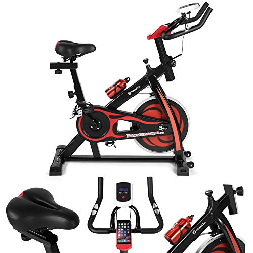 Fitnessclub Indoor Exercise Bike Cardio Workout W/Belt Driven Flywheel Cycling Adjustable Handlebars Seat Resistance Digital Monitor Heart Rate Sensors W/Phone Holder Bottle Red