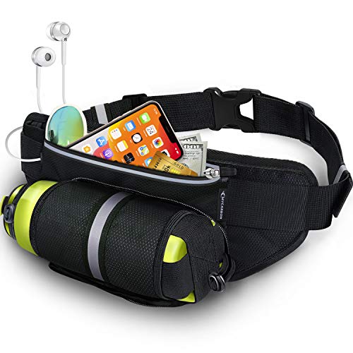 MYCARBON Running Belt with Water Bottle Holder Waterproof Bum Bag Cycling Waist Bag Jogging Belt Dog Walking Bag for Travel Holidays Camping Climbing Hiking Outdoor (Black)