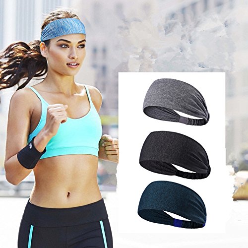 3PACK Women Lightweight Sport Headband , KEREITH No-slip Sweat Band for Men- Stretchy Hair Bands Headwear - Best for Running Cycling Hot Yoga and Athletic Workouts (grey, dark grey, navy)